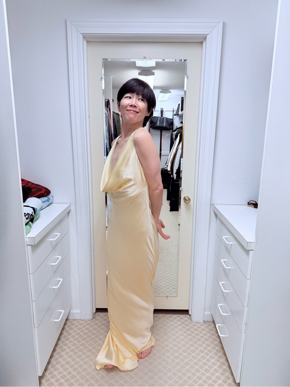 NWOT Michael Lo Sordo Silk Pale Yellow Cowl Neck Slip Dress, Size US 6 - Picture 3 of 7